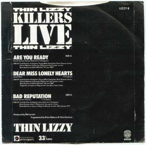  THIN LIZZY -- KILLERS LIVE --  7 inch 33 1/3 rpm EP 